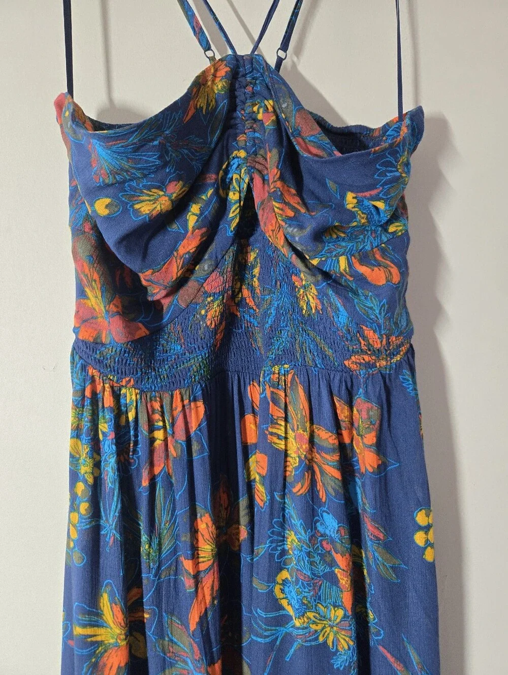 Free People One Step Ahead Floral Halter Cut Out Smocked Maxi Dress Blue Size S